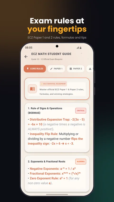 ZedBrains ECZ maths student guide with core rules