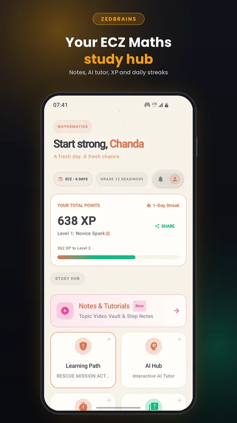 ZedBrains home screen with points, streak and study hub