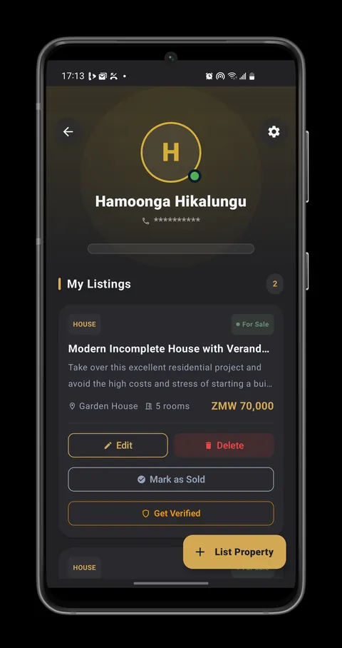 ZM Utility profile screen with my listings