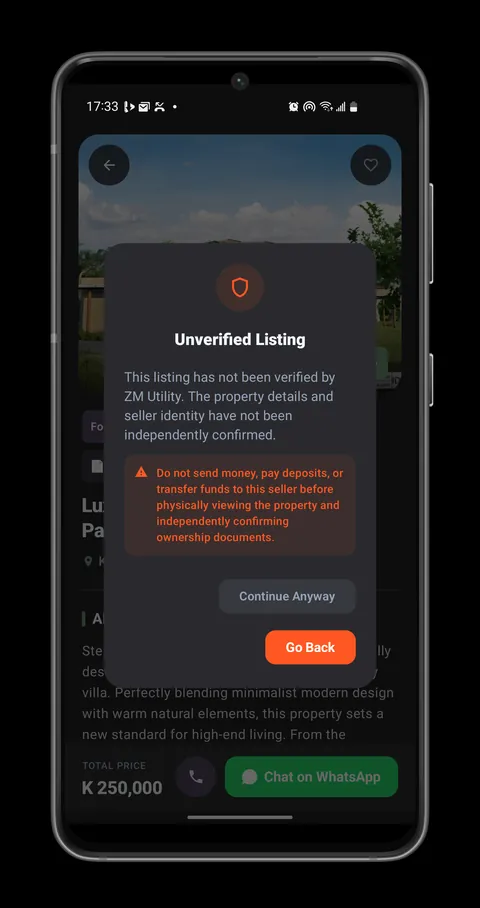 ZM Utility warning shown for an unverified listing